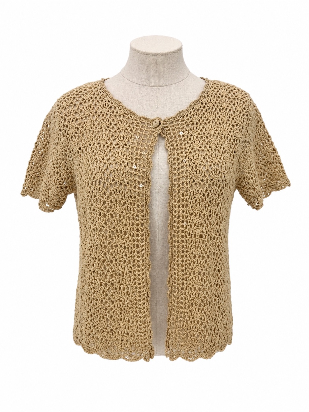 Dressbarn Beige Crochet Open Knit Short Sleeve Cardigan Sequin Size 12 Tan